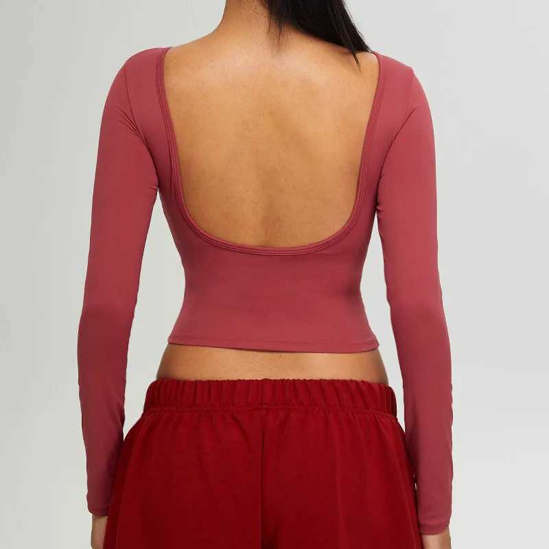 Sexy womens long sleeved top yoga shirt running T-shirt fitness gym exercise push up top training crop top solid color W250326