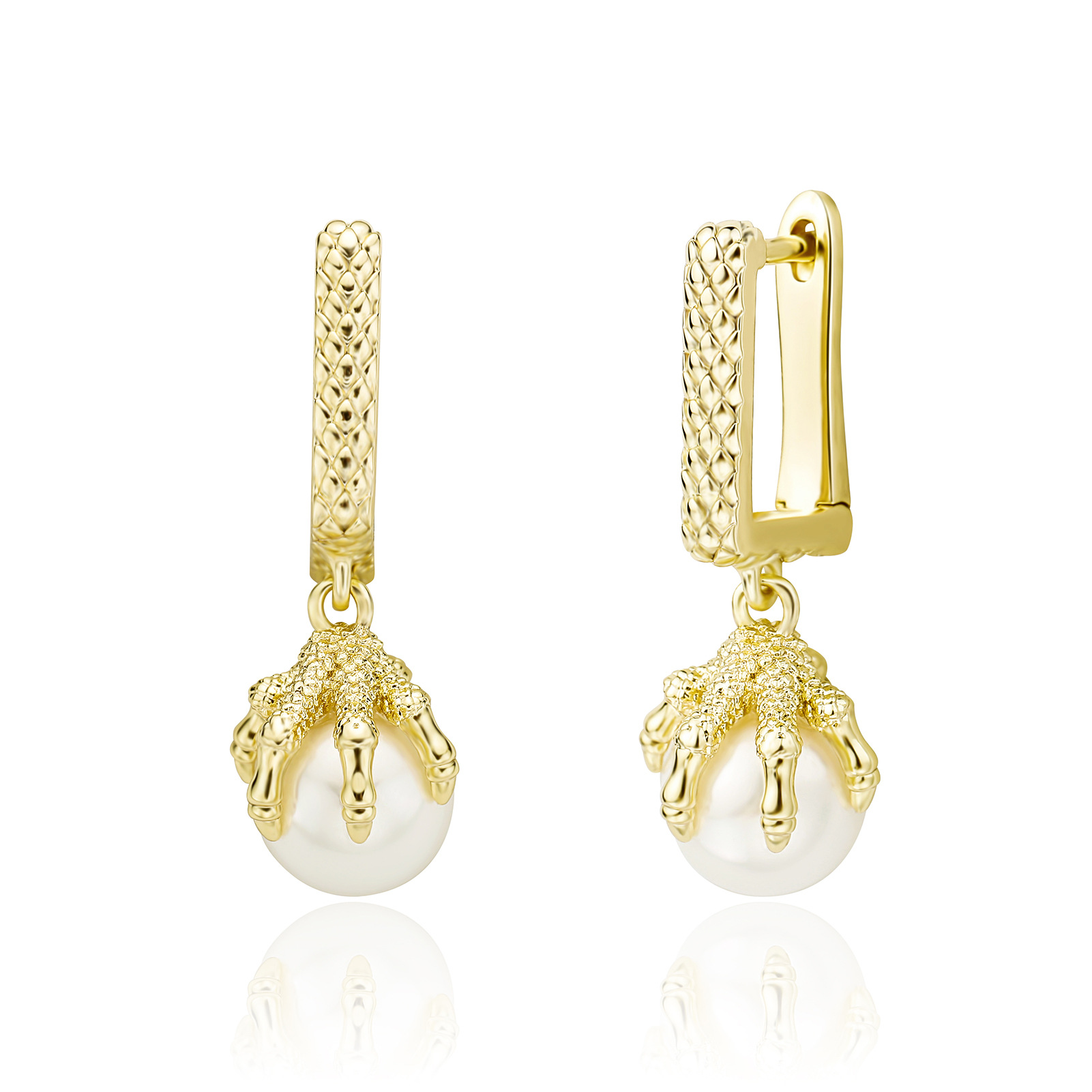 Hip Hop TopBling Chinese Dragon Claw Hoop Earrings Pearl Earring 14K Gold Plated Jewelry