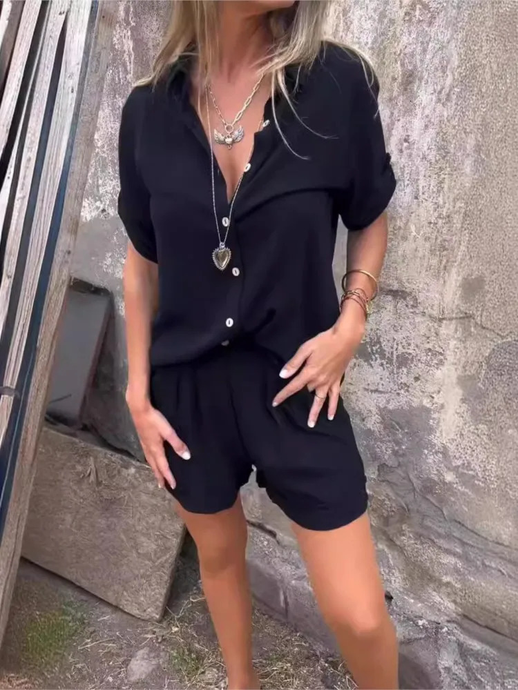 Women Casual Solid Set Fashion Short Sleeve Button Shirt Tops And Shorts Two Piece Sets Lady Summer Sports Womens Clothing 250320