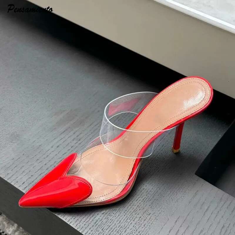 Elegant Pointed Toe Transparent PVC Heart High Heels Mules Slipper Women 2024 Black White Red Shoes Designer Pumps