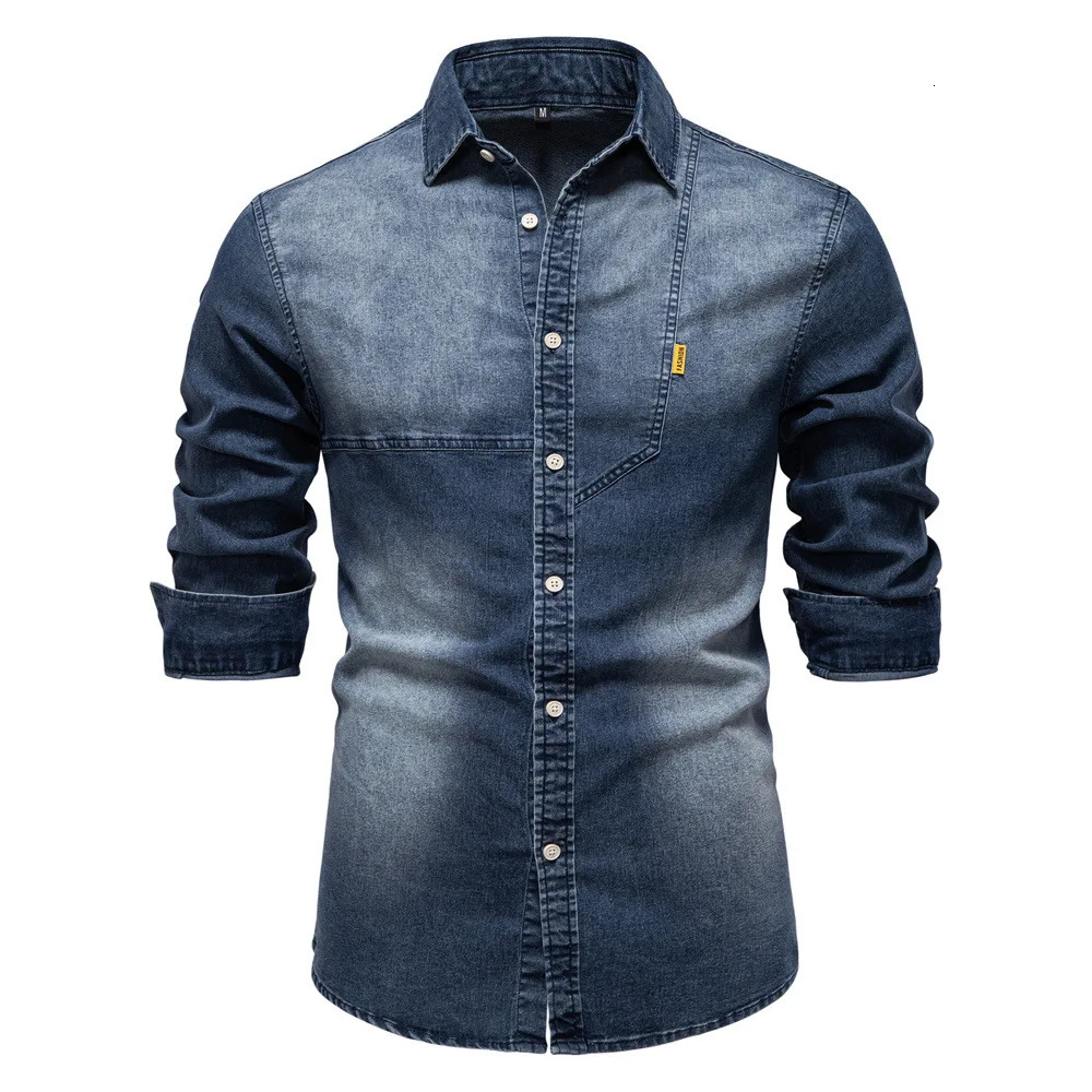 2025 mens denim shirt cotton casual long sleeved highquality patched workwear elastic 250326