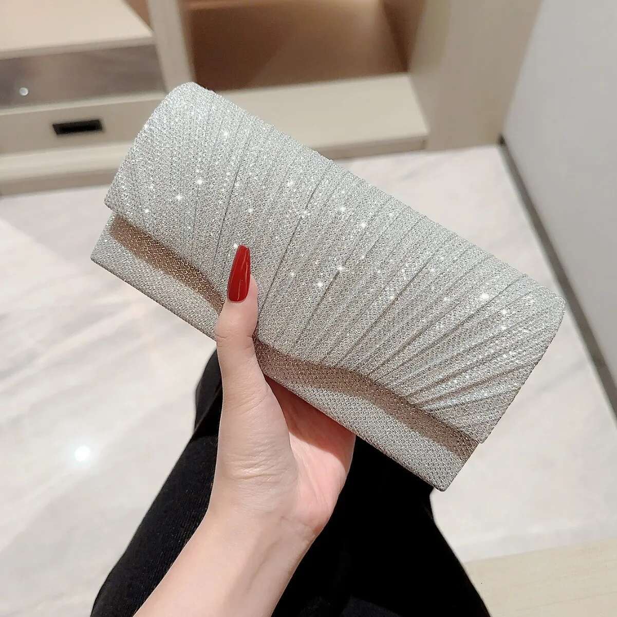 Ladies Glitter Sier Clutch Envelope Evening Bag Fashion Elegant Long Purse Women Chain Shoulder Bags Wedding Party Handbag