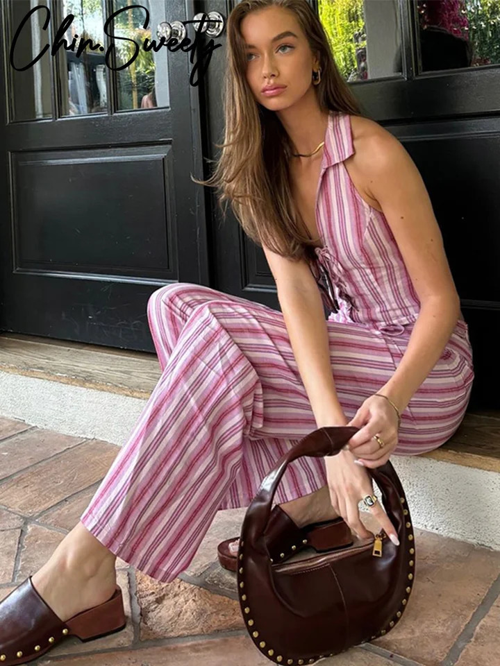 Striped Lace Up Vest Pants Set Women Slim Sleeveless Backless Top Trousers Sets Female 2025 Summer Lady Streetwear Outfit 250325