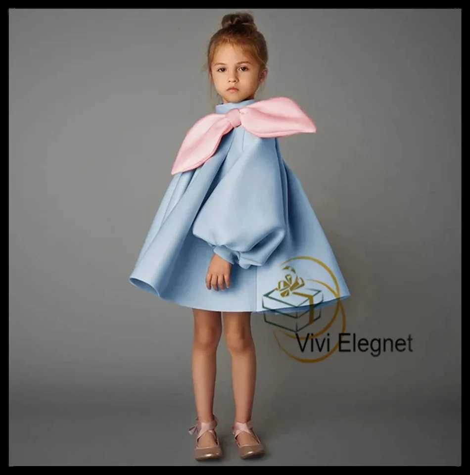Cute High Collar Flower Girl Dress with Long Shoulder Bow Mini Baby Birthday Dress Lantern Girl Customized Summer Dress W250326