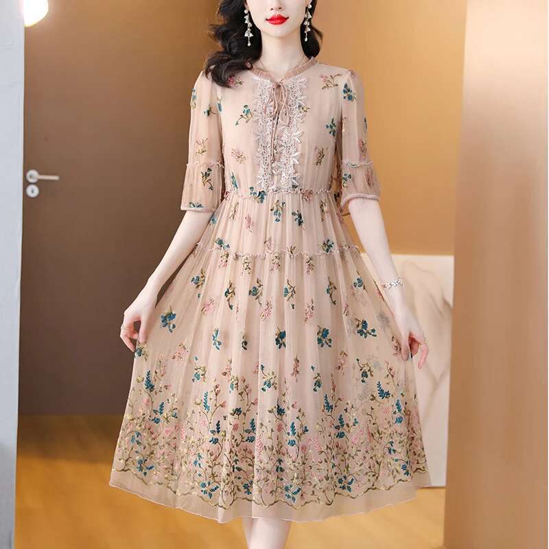 Women ral Natural Silk Embroidery Midi Spring Summer Fahsion Casual Beach Maxi Sundress Elegnat Loose Dress