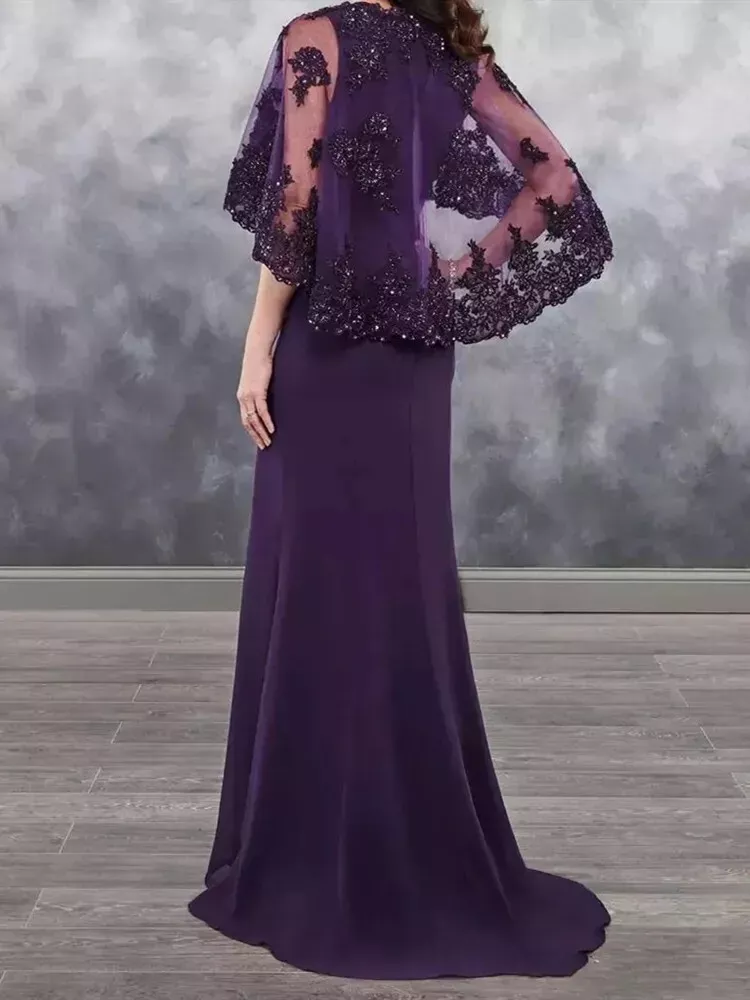 Elegant Long Mother Of The Bride Dresses Cape Sleeves Lace Appliques V-Neck Wedding Guest Gown 2025 Formal Party Prom Evening Dress For Women