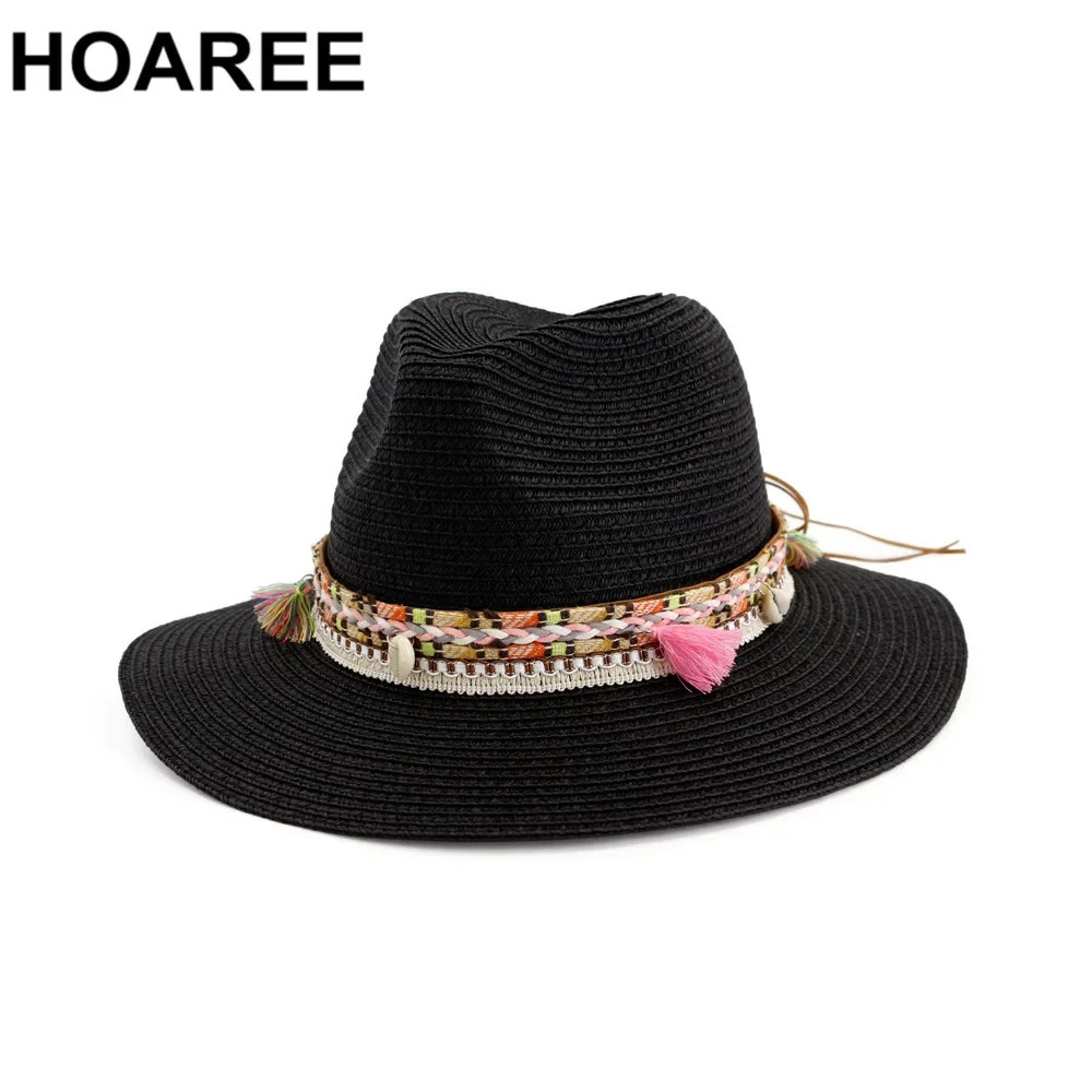 HOAREE Straw Sun Hat White Panama Hat Beach Womens Summer Caps Sombrero Female Fedora Casual Ladies Chapeau 250326