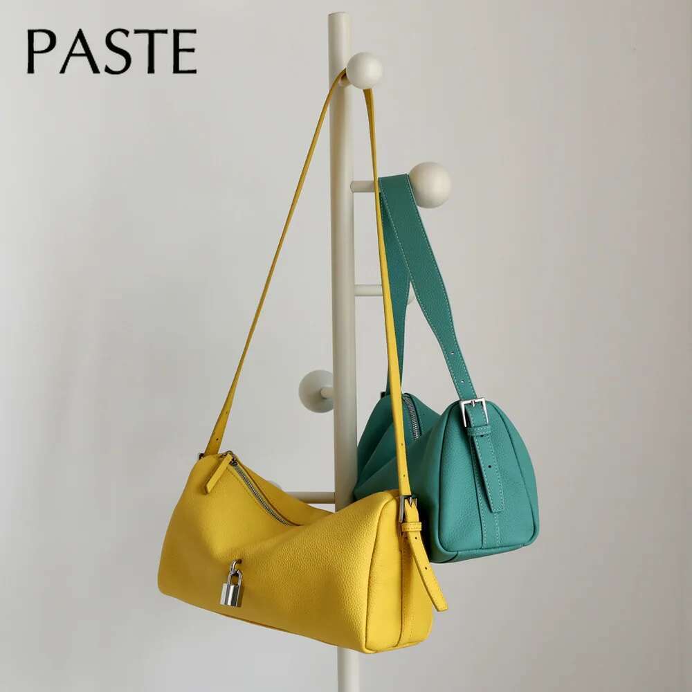Ins Chic LOCK Design Soft Horizontal Cydrical Shape Pillow 100% Real Leather Women Shoulder Bag Yellow Purse