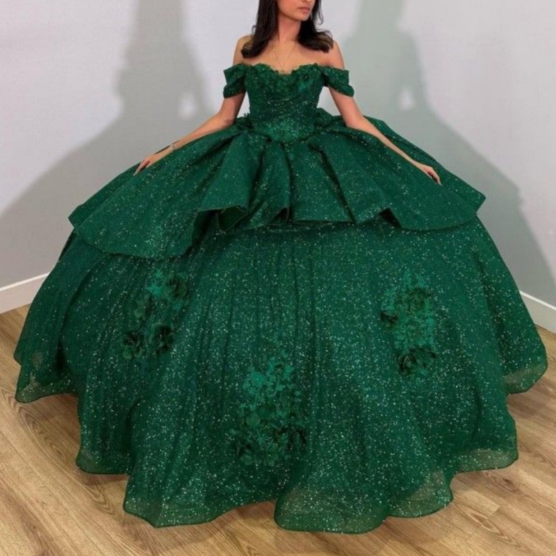 Blackish Green Shiny Princess Quinceanera Dresses Ball Gown Applique Flower Beading Off Shoulder Party Gown Sweet 16 Dress Vestidos De 15 Anos