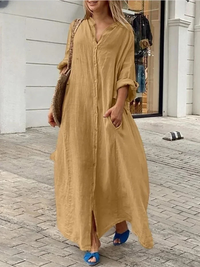 2024 Spring Cotton Linen Oversize Women Dress Long White Button Loose Dresses Female Casual Trendy Elegant Ladies Clothes 250326
