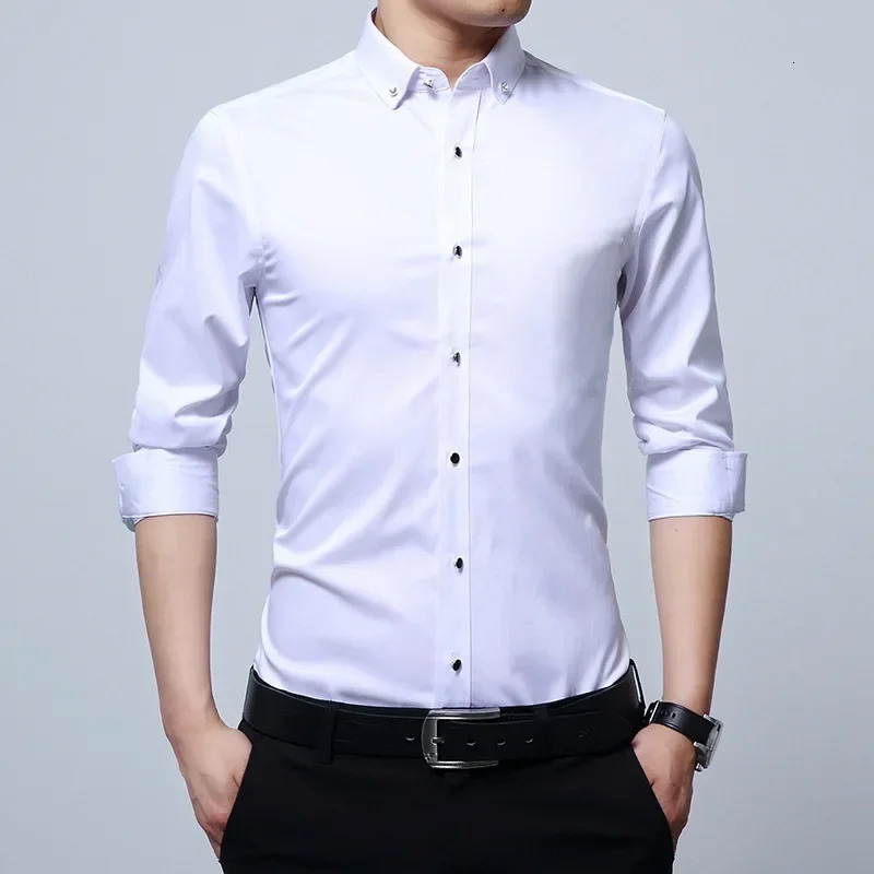 Mens long sleeved shirt spring and autumn white casual Khmer anti wrinkle professional dress mens diamond button 250326