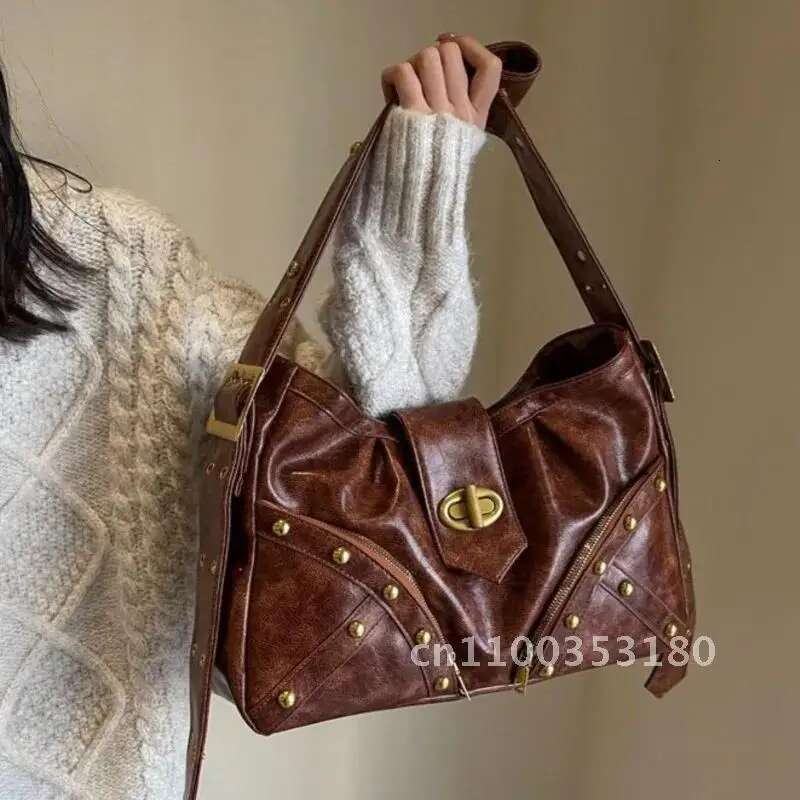 JIAERDI Vintage Rivet Coffee Shoulder Bags Women Y2k Grunge Large Moto Female Chic Tote Biker Handbag Bag Messenger Capacity