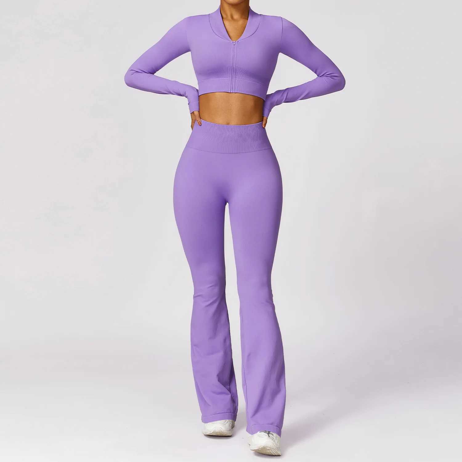 2PCS seamless yoga set gym clothing sports jacket yoga set womens fitness set track and field suit zipper long sleeved exercise leg W250326
