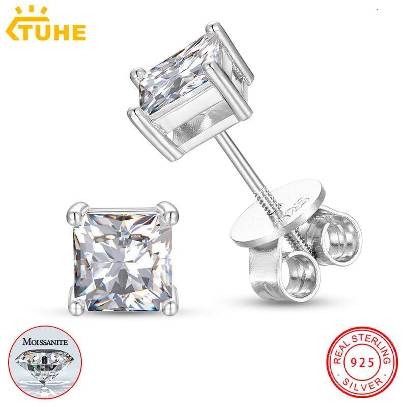 TUHE Unisex VVS1 Square Moissanite Women Earrings 925 Silver Fine Jewelry Earings 4MM/5MM Silver 925 Fashion Earrings Women Gift