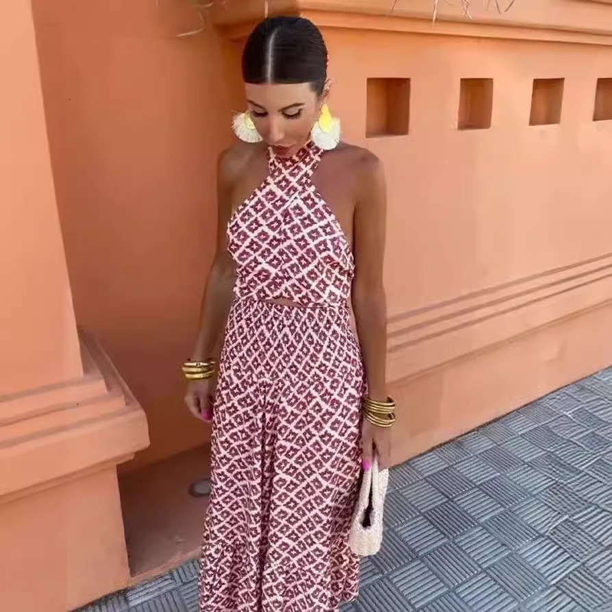 Women's INS off shoulder and backless pullover, hanging neck printed high waisted skirt set