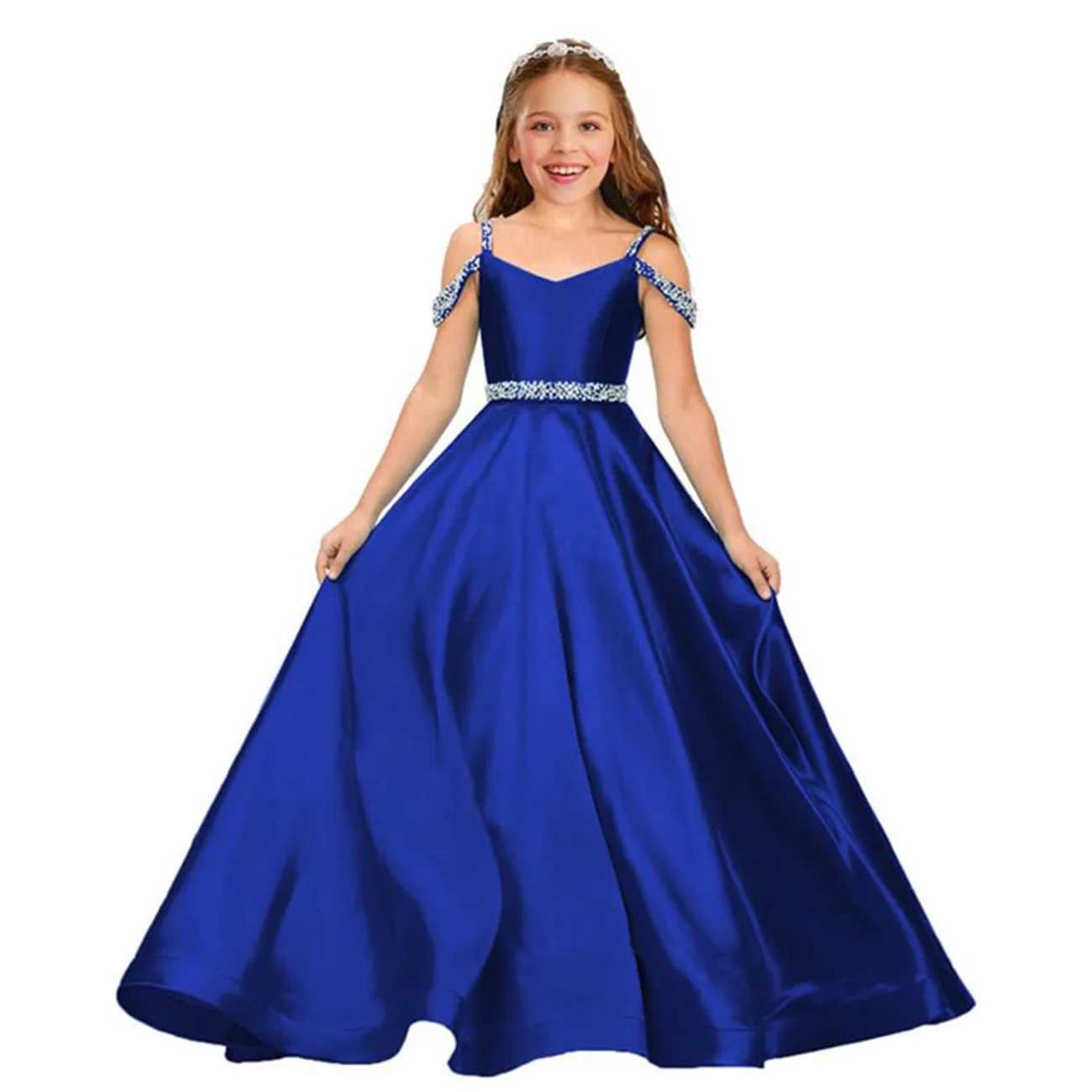 Elegant satin childrens wedding Par dress with long beaded shoulders birthday flower girl dress formal evening gown W250326