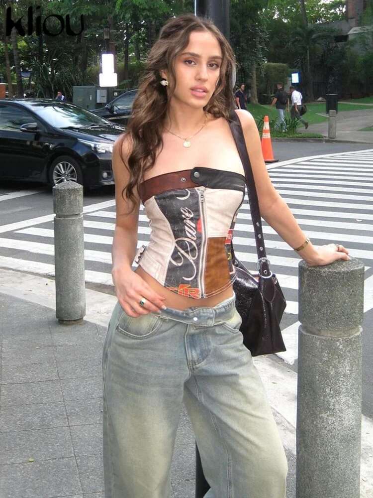 Kliou Patchwork Print Leather Zipper Crop Tops Women Sexy Wrapped Chest Botton Skinny Vest Ladies Trendy Streetwear Clothing