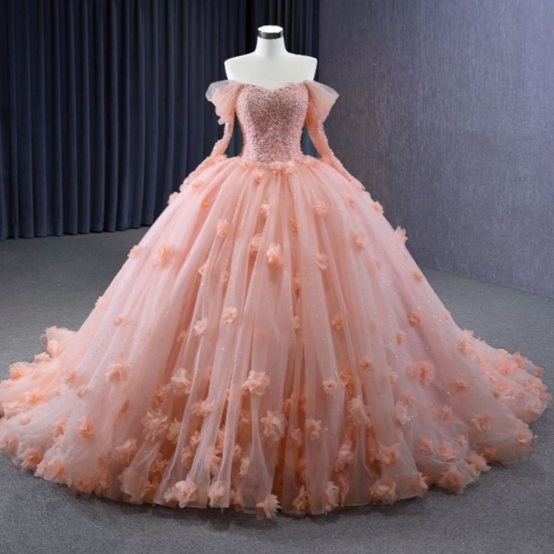 Pink Princess Sweetheart Ball Gown Quinceanera Dresses Off Shoulder Flowers Appliques Beads Tull Luxury Vestidos De 15 Anos Sweet 16 Dress