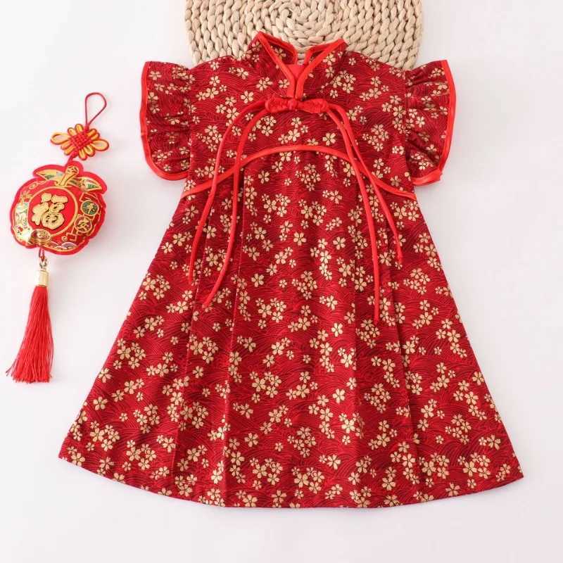 Girl Chinese Chiffon Red Flower Pattern Childrens Clothing Performance New Year Childrens Clothing Youth Par Clothing W250326