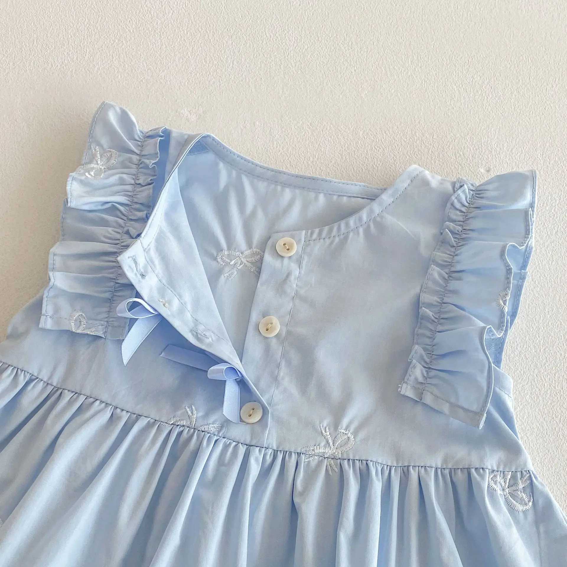 Girls Sweet Solid Color Dress 2025 Summer New Style Ruffle Shoulder Bow Embroidered Loose Childrens Dress W250326