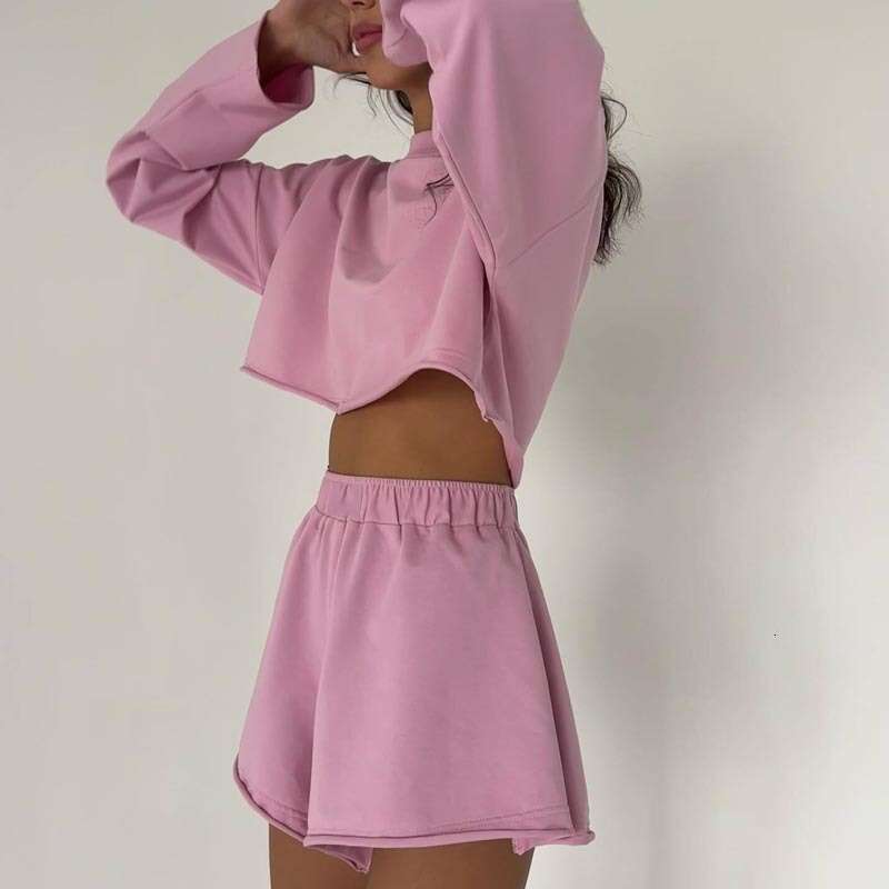 Casual loose sports suit women's long sleeved sweatshirt top shorts two-piece set solid color home clothes women