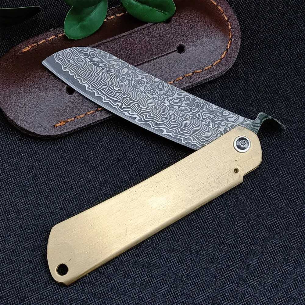 Japanese Higonokami Pocket Folding Knife Damascus Steel Copper Handle Outdoor Camping Survival Knife Tactical Hunting EDC ToolXJ250326