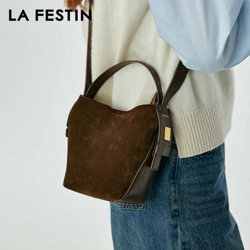 LA FESTIN Original 2024 New Handbags Women Suede Leather Brand Bucket Fashion Shoulder Crossboby Bag