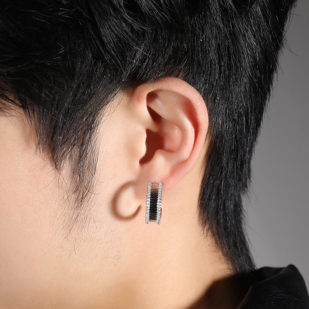 Hip Hop Simple Stud Earrings Bling T Cubic Zircon Men Vintage Geometric Rap Jewelry