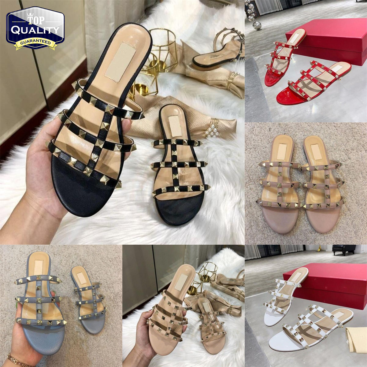 2025 Designer Women Sandals Hollow out logo Flat Slippers Sandal rivet Girl Shoes Platform Slides Lady casual Flip Flops 35-44