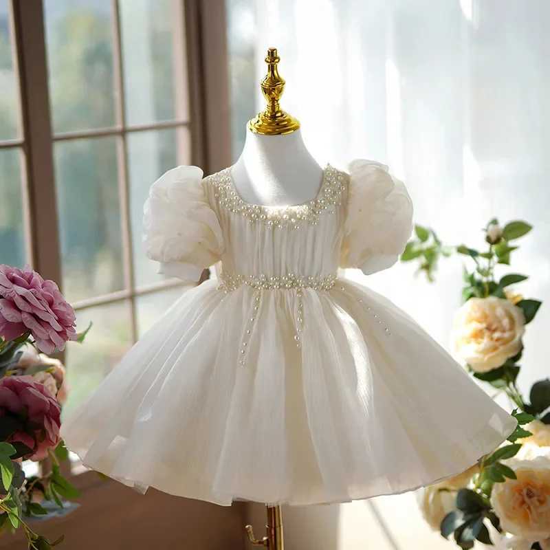 Customized ivory flower girl wedding dress for wedding pearls elegant bow and knee length childrens birthday parties sacred banquet dresses W250326