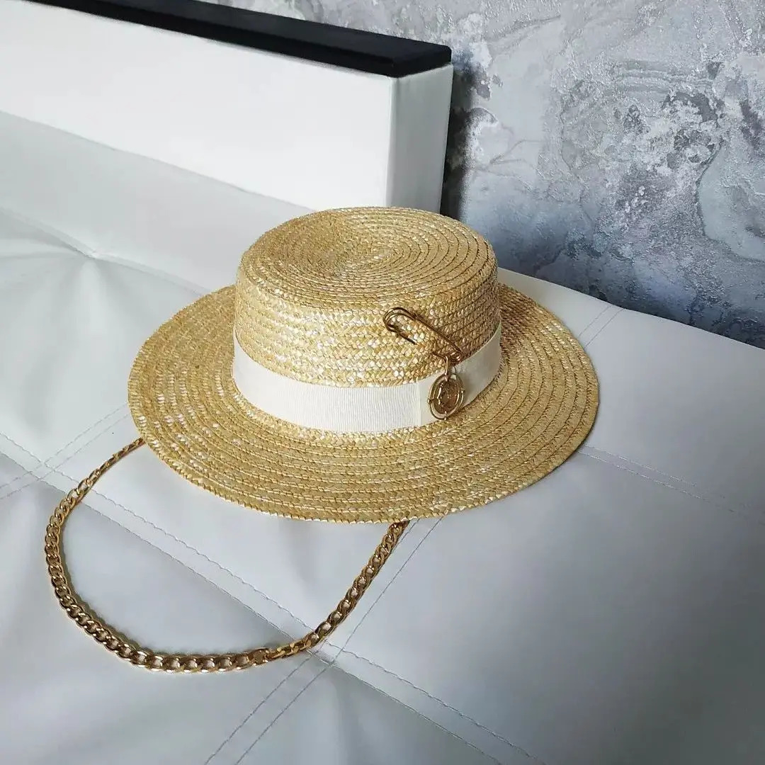 Summer sun hat Lafite grass French straw hat Womens chain decorated straw hat Holiday Sun hat Punk style beach 250325