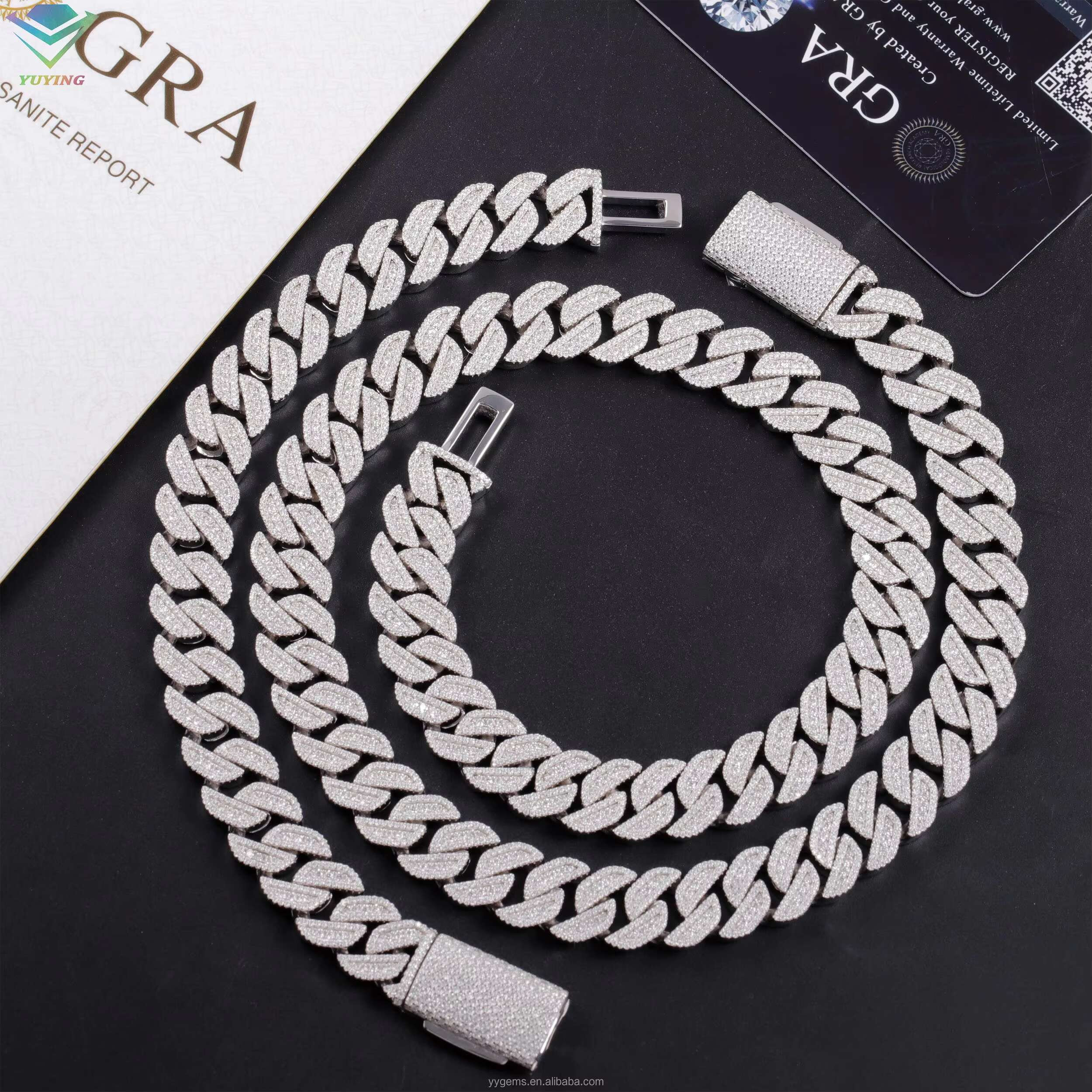 100% Pass Diamond Tester Moissanite Chain Necklace 13mm 15mm S925 Silver VVS Moissanite iced out Diamond Cuban link Chain