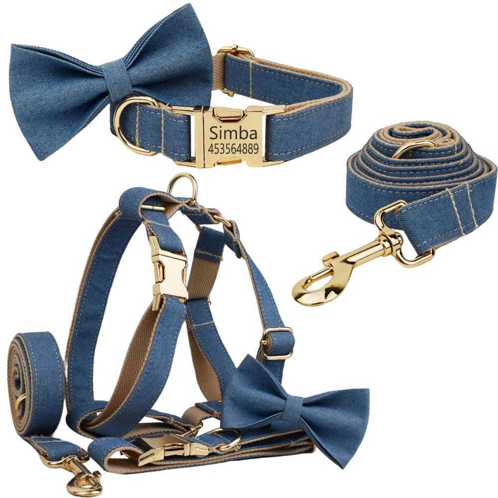 Dog collar harness personalized denim fabric name dog necklace free customized collar suitable for small and medium-sized dog collars lead tie X250326