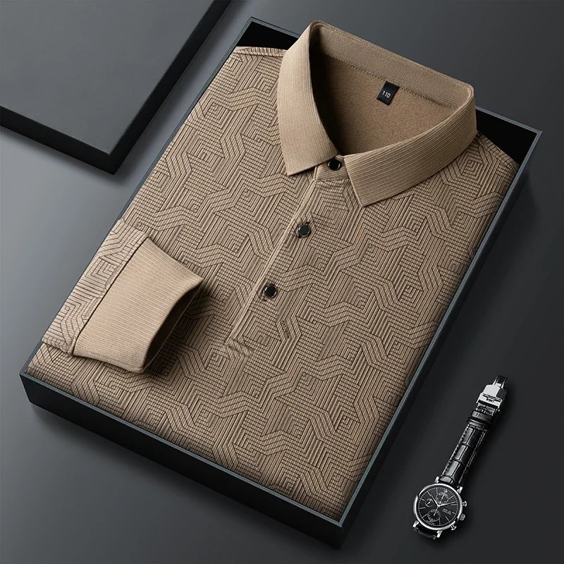 mens business casual long sleeved shirt with badge solid color polo fashionable breathable and comfortable lapel top y250326