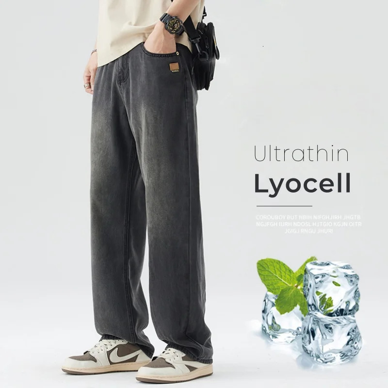 2025 SpringSummer Mens Retro Jeans Thin and Comfortable Lyocell Fabric Straight Soft Korean Fashion Casual Loose Denim Trouser 250326