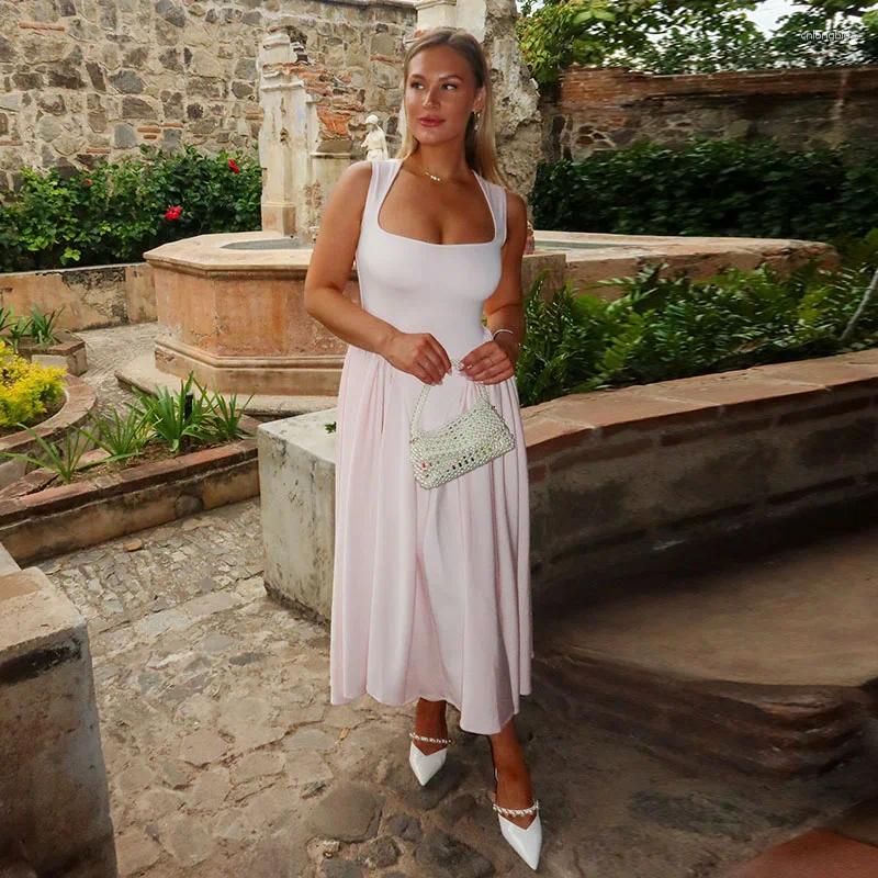 Casual Dresses Elegant A Line Long Dress Women Loose Square Neck Sleeveless Robe Female 2025 Spring Summer Fashion Solid High Waist