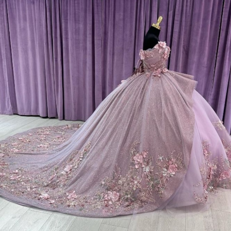 Sparky Lavender Off the Shoulder Quinceanera Dresses Applique 3D Flowers Beading Princess Ball Gown for Sweet 16 Dress Lace-up Vestidos De 15 anos