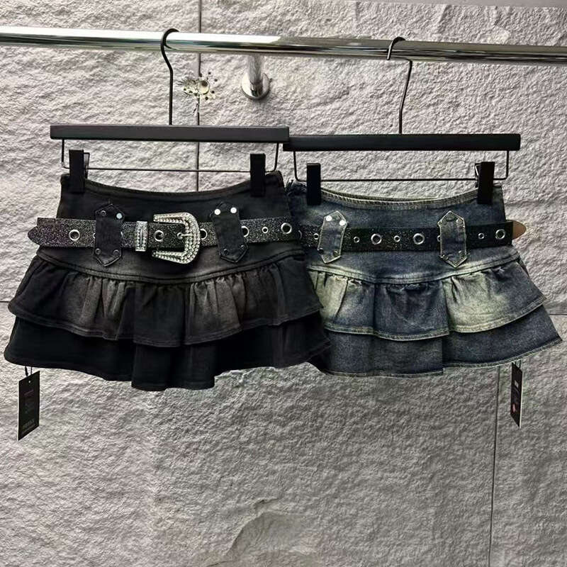 American Sweet Spicy Girl Denim Short Y2k Versatile Ruffled Skirt With Belt Spring And Autumn New Style