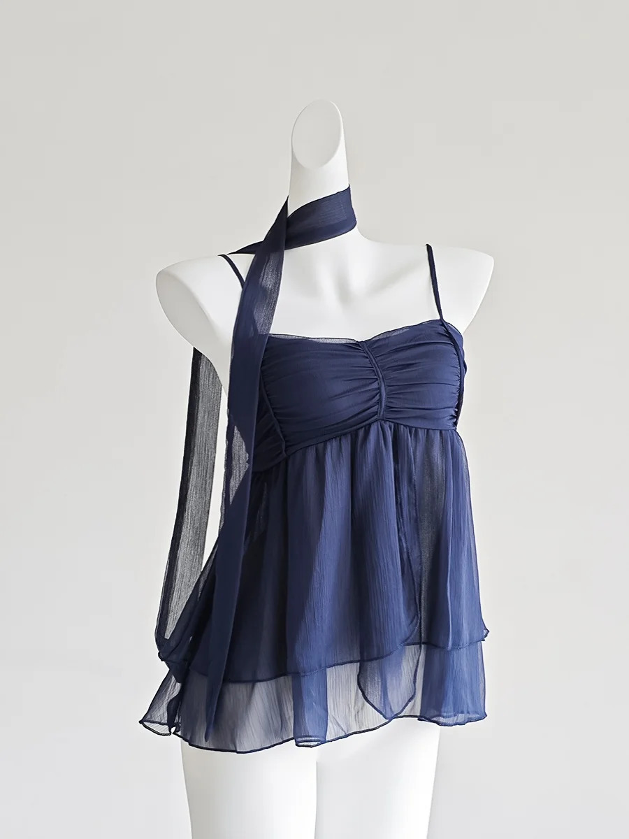 Sexy Shoulder Sleeveless Chiffon Camisol Womens Summer Sexy Backless Niche Scarf Ceiling Womens Clothing 250321