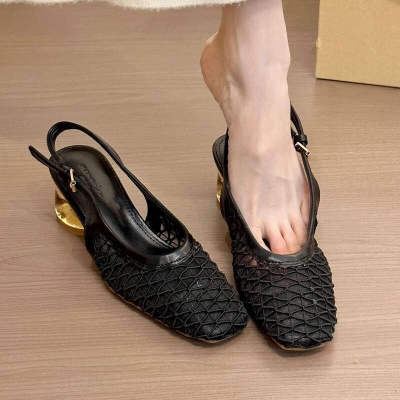 2025 Summer New Mesh Eye Heel Sandals Square Toe Women's Shoes Elegant Designer Fashion High Heels Designer Slippers Ball Comfortable Trendy Shoe