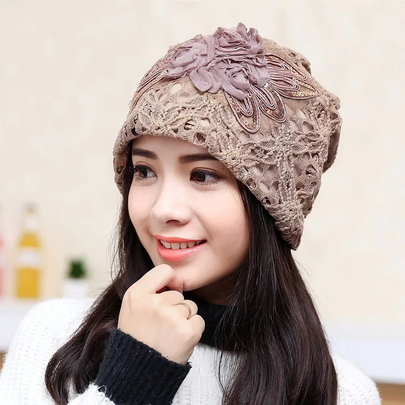 Women Summer Lace Hollow Flower Thin Sun Hat Spring Autumn Windproof Warm Pregnant Confinement Cap Multifunction Headscarf W51 250321