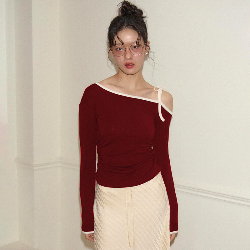 2025S Fashion Designer Y TP Women S Autumn And Winter Pullover Diagonal Collar Bow Tie Lace Up Off Shoulder Solid Color Short Top T Shirt