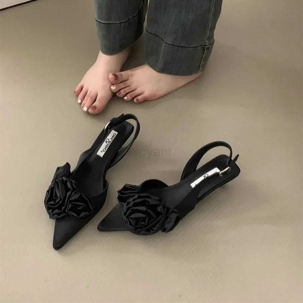 Elegant Wan Sandals High Heeled Sweet Rose Closed Toe Footwear 2024 Summer Slingback Pointed Fashion Dress Ladies Shoes Z250326