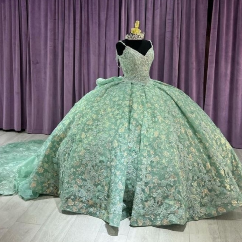 Mint Green Quinceanera Dresses Applique Embroidery Beading Flower Spaghetti Strap Party Birthday Dress Lace Up Court Train Ball Gown 2025