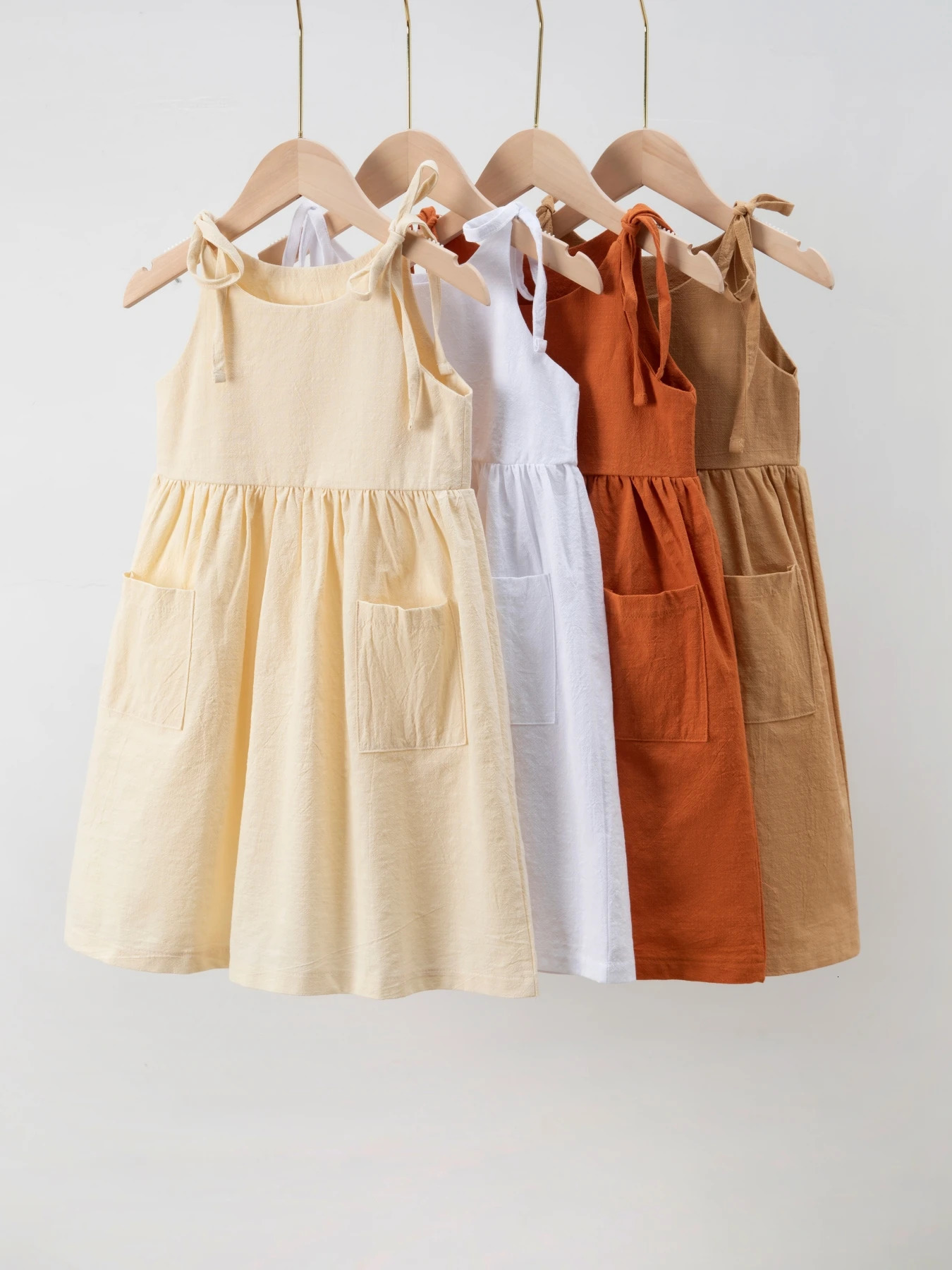s spring summer fall fashion solid color linen big pocket lace-up slip dress baby girl dress s 250326