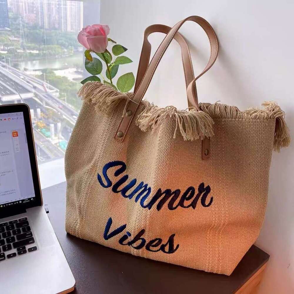 Bag, large capacity canvas embroidered letter tote handbag, women's woven beach bag, shoulder bag Bags