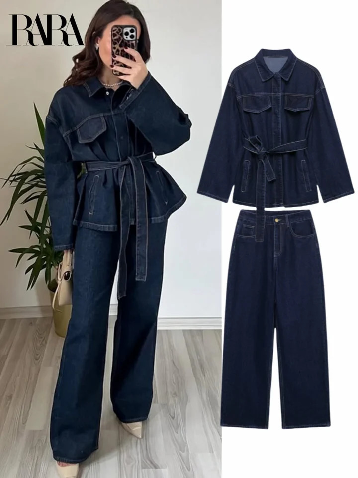 RARA 2025 Women's Long Sleeve Denim Belted Jacket Paired with Matching Wide Leg Pants Fashion Set for Stylish Look 250325