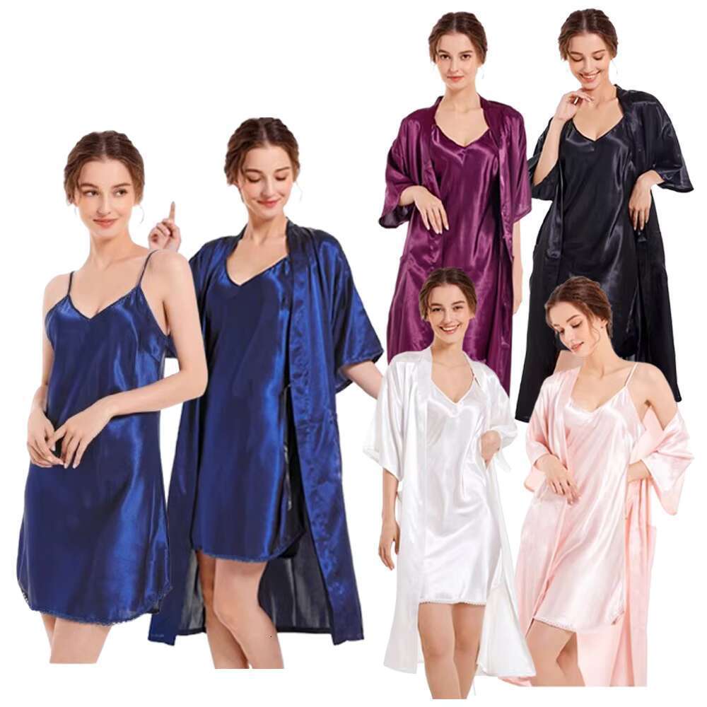 Summer Women's Clothing Solid Sexy Night Dress Silk Satin Gown For Women Soft Pama Set