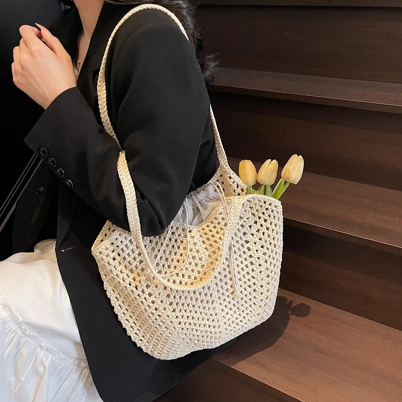 2025 Latest Summer Beach Straw Woven Tote Bag For Women 2-IN-1 Hollow-out Lightweight Large Capacity Shopper Shoulder Bag Female 250325