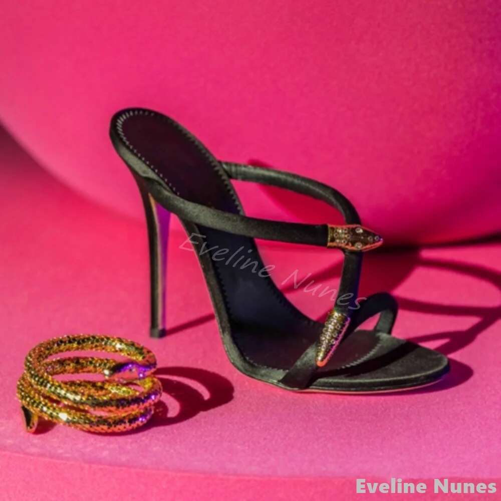 Metal Snake-shaped Buckle Women Peep Toe Stiletto Heel Shiny Rhies Hollow One Word Belt Slippers 2025 Sexy Sandals